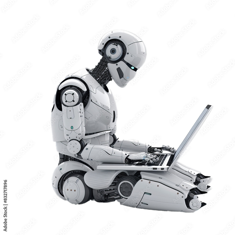 Poster highly detailed robotic figure engaged with a laptop, isolated on a checkered backdrop representing 