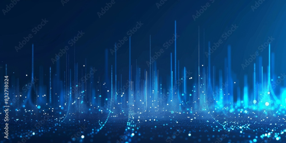 Poster Abstract blue digital sound wave background with glowing dots and vertical lines 