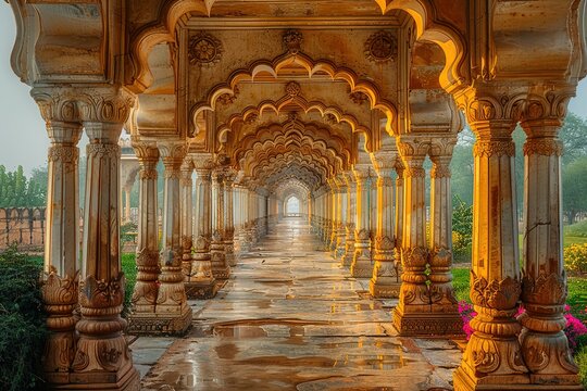 A long hallway with arched pillars and a beautiful archway