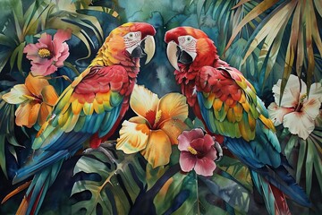 acrylic painting, on paper colorful of Macaw bird couple bird on a branch. AI generated illustration
