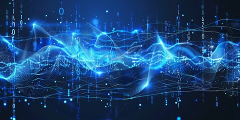 Obraz premium Abstract blue digital sound wave background with glowing dots and vertical lines 