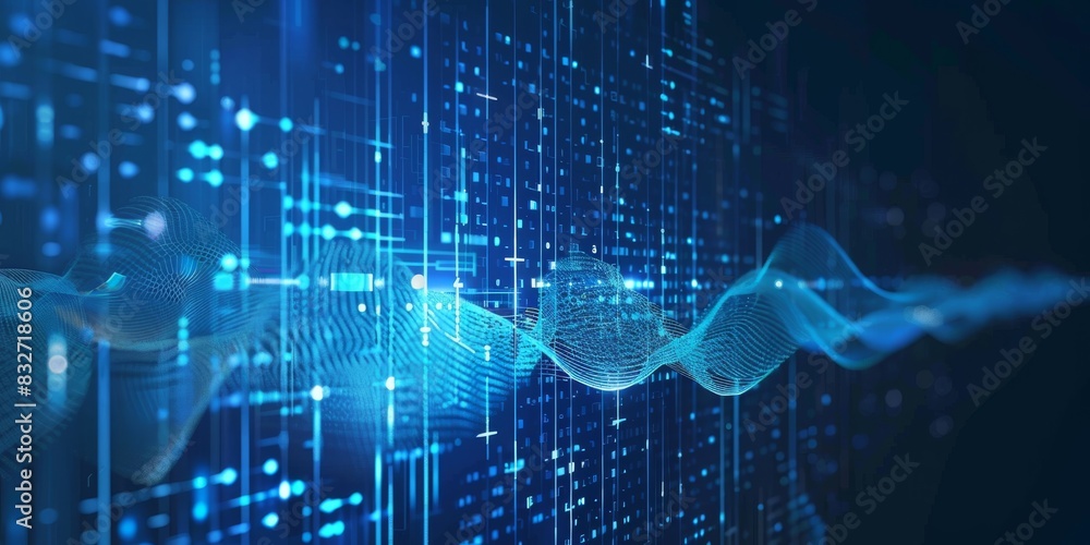 Poster abstract blue digital sound wave background with glowing dots and vertical lines