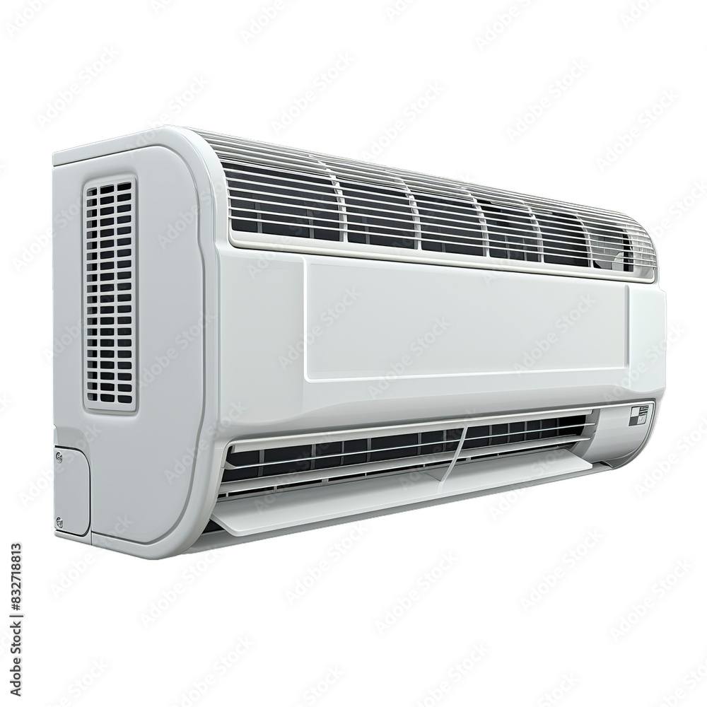 Poster sleek split air conditioning unit isolated against a grey background, emphasizing its design and fea