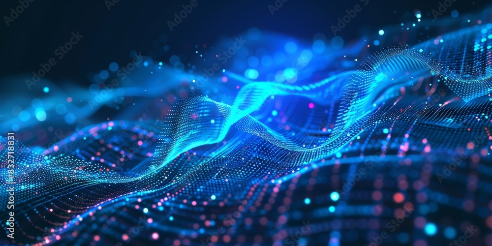 Poster abstract blue digital sound wave background with glowing dots and vertical lines