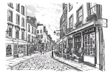 Old London street with coffee shops and buildings vector illustration in black ink on white background