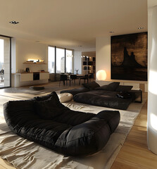 Dark Black sofa and recliner chair in scandinavian apartment high quality image