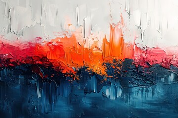 A painting with a blue and orange background