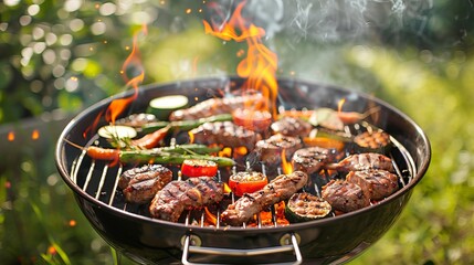 Grilled meats and veggies sizzle on the grill, surrounded by smoke and flames against a backdrop of lush green grass.