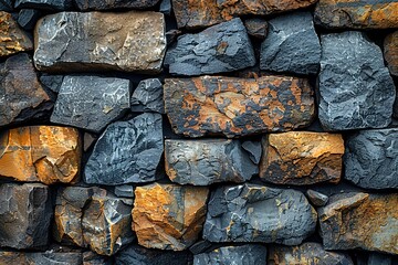 A wall made of large rocks with some of them being brown and some black