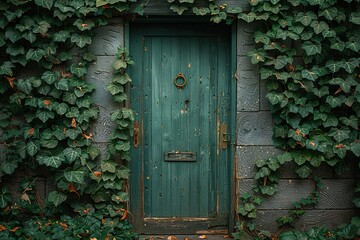 A green door with ivy growing over it