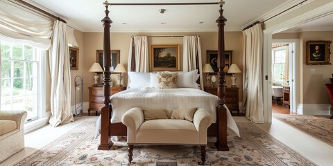 Luxurious master bedroom with a fourposter bed, walkin closet, and ensuite bathroom
