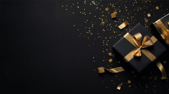 Black background. Xmas black gift box and gold ribbon bow viewed from above for text Merry Christmas, Happy New Year and Black Friday season. Horizontal banner, header for website. Vector illustration