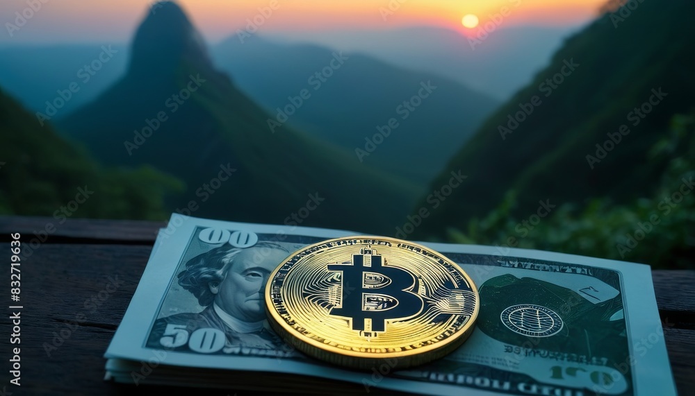 Poster a shiny bitcoin coin placed on a stack of us dollar bills against the backdrop of a serene mountain 