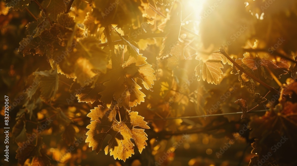 Poster sunlight filters through the rows of gvines in a tranquil organic vineyard highlighting the intricat