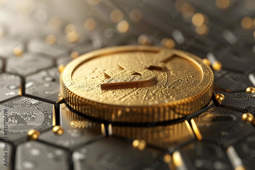 Poster golden coin on computer keyboard