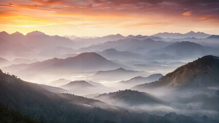 Fototapeta premium Majestic sunrise over misty mountains