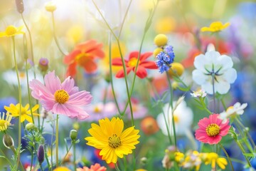 Fototapeta premium A vibrant floral background featuring a variety of colorful wildflowers in full bloom