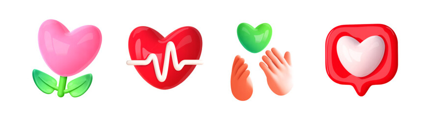 Heart and love emoji, 3d icon. Hands give heart, cardio concept, like symbol, love flower, donate. Vector elements for social media design and mobile apps