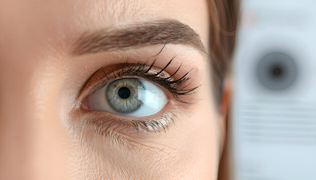 Vision test chart and laser reticle focused on woman's eye against light grey background, closeup
