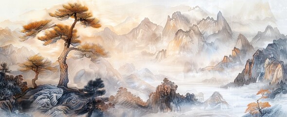 Hand drawn watercolor landscape. Norway, cold nature. Mural Wallpaper. AI generated illustration
