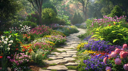 A garden with a stone path and a variety of colorful flowers
