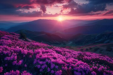 Purple flowers, mountain range, sunset