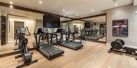 Trendy home gym with exercise equipment, large mirrors, and motivational posters