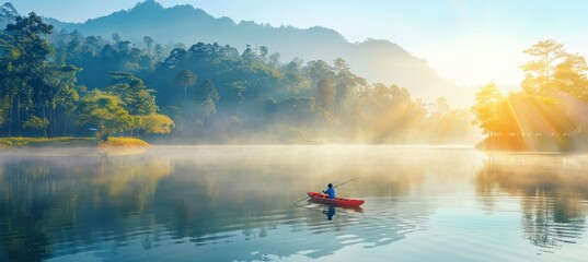 Solitary angler on misty lake  fisherman with red rod in small boat amidst green hills at dawn