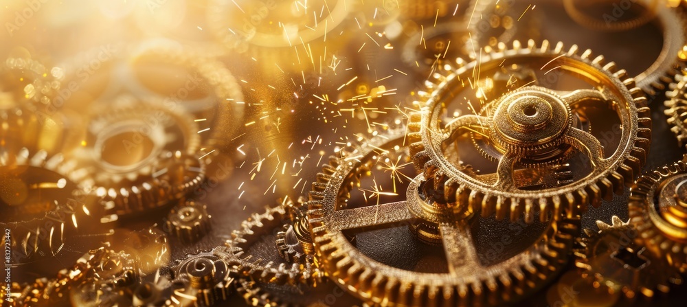 Poster dynamic close up of gears in motion generating sparks, blurred background with copy space