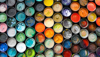 Cans of different colorful paints as background