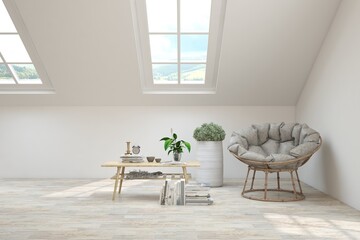White living room with armchair. Scandinavian interior design. 3D illustration