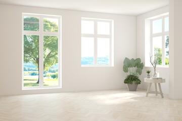 White empty room with summer landscape in window. Scandinavian interior design. 3D illustration