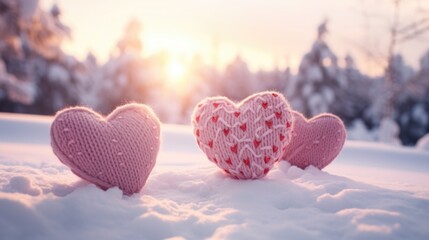 Obraz premium Three pink knitted hearts on the snow in the forest at sunset. Valentines day background