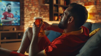 Man watching football match on TV and drinking beer at home