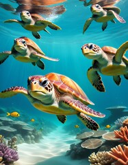 Fototapeta premium Stunning underwater scene featuring swimming sea turtles and vibrant fish amidst coral reefs. Captures the beauty of marine life and the tranquility of the ocean.. AI Generation