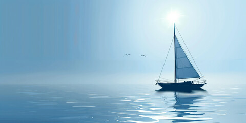 Tranquil sailboat scene with sun glare on horizon and reflective water