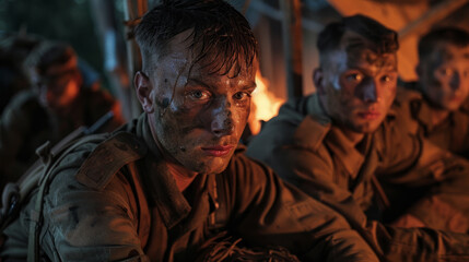 Two men in military fatigues are sitting in front of a fire
