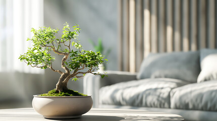 A small bonsai tree in a pot on the table in modern living room at home