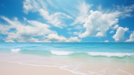 Obraz premium Scenic Beach with Clear Blue Waters, Gentle Waves, and Fluffy Clouds