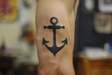 Man's arm with black anchor tattoo