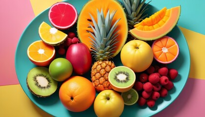 A bright and colorful assortment of fruits including pineapple, kiwi, oranges, and berries arranged on a turquoise platter against a pastel background. The fresh produce looks vibrant and inviting