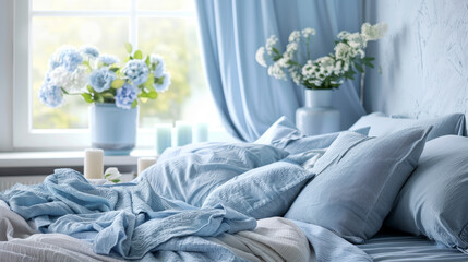 A bedroom with a blue bedspread and pillows, and a window with flowers in a vase