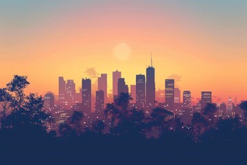 Fototapeta premium City skyline with trees at sunset