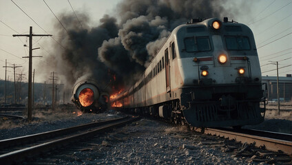 Old rusty train on background of explosion and smoke, apocalypse concept.