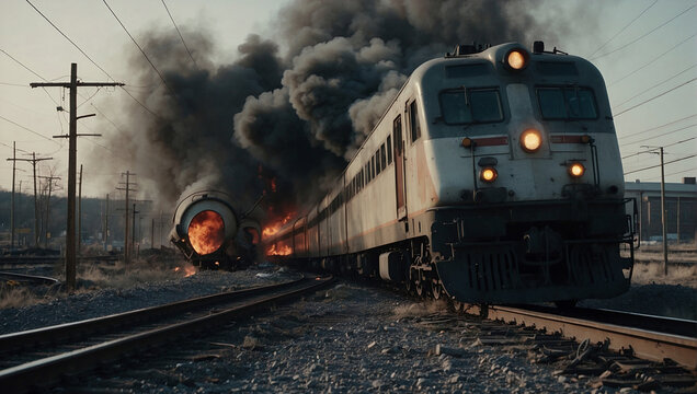 Old rusty train on background of explosion and smoke, apocalypse concept.