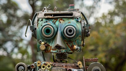 A whimsical sculpture of a robot pieced together from old electronics nuts and bolts and other found metal objects.