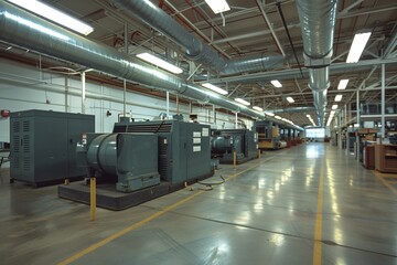 Fototapeta premium Numerous generators in expansive industrial facility with yellow line