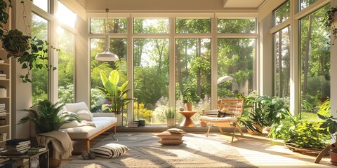 Fototapeta premium Bright sunroom design in an apartment with comfortable seating, plants, and large windows