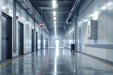 A hallway with numerous doors and a trash can