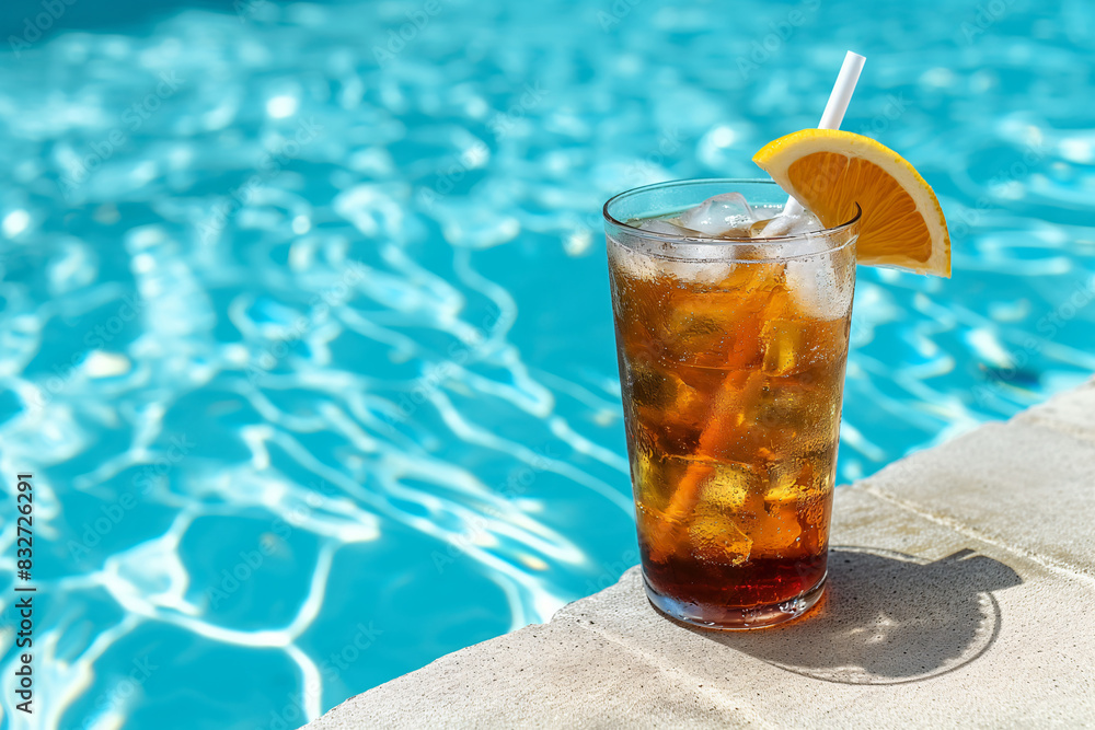 Wall mural glass with iced tea and ice on the edge of the pool